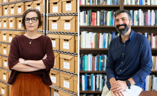 Kate Spradley standing in front of a shelf of boxes and Felipe De Brigard standing in front of a full bookshelf