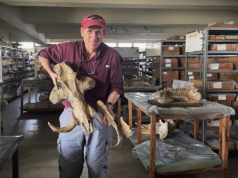 Dr. Peter Ungar holding a skull in the lab